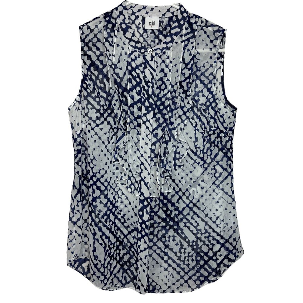 Cabi Venture Blouse Womens Small S Geometric Print Sleeveless Ruffle Shell